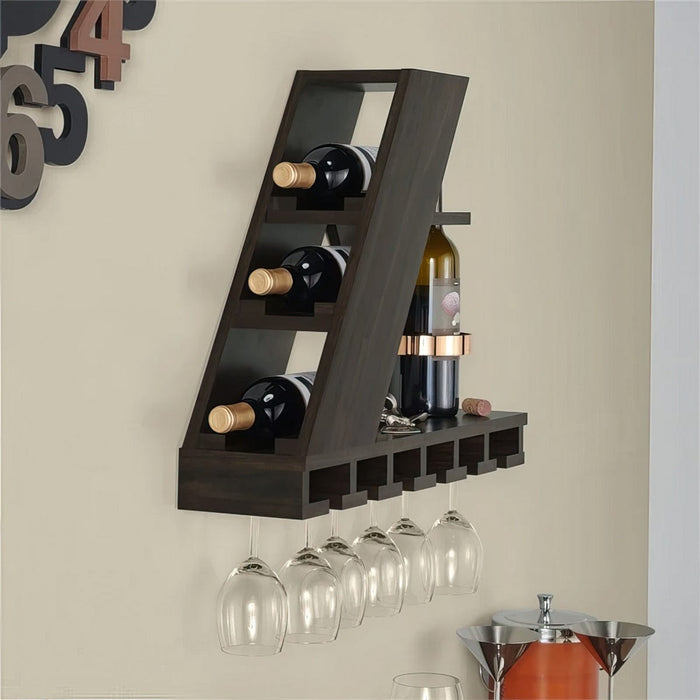 Pyramid Faux Wenge Wood Wall Mounted Wine Rack and Stemware Holder