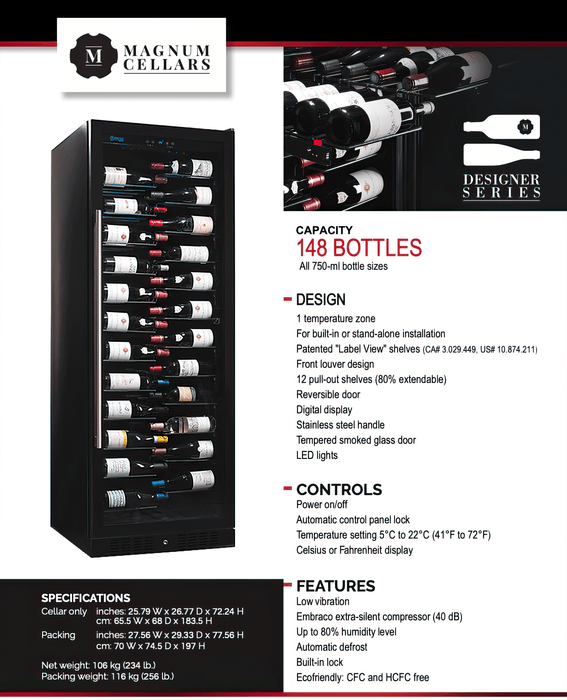 Designer Series 148 Bottle Single Zone Wine Cooler