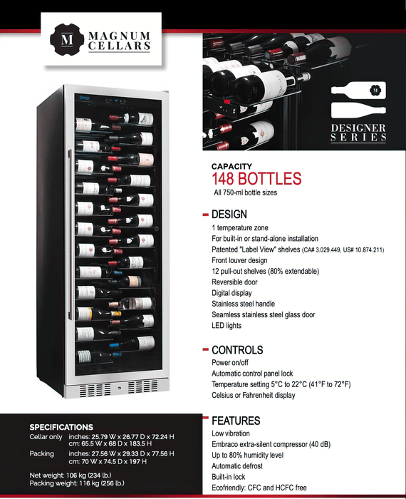 Designer Series 148 Bottle Single Zone Stainless Steel Wine Cooler