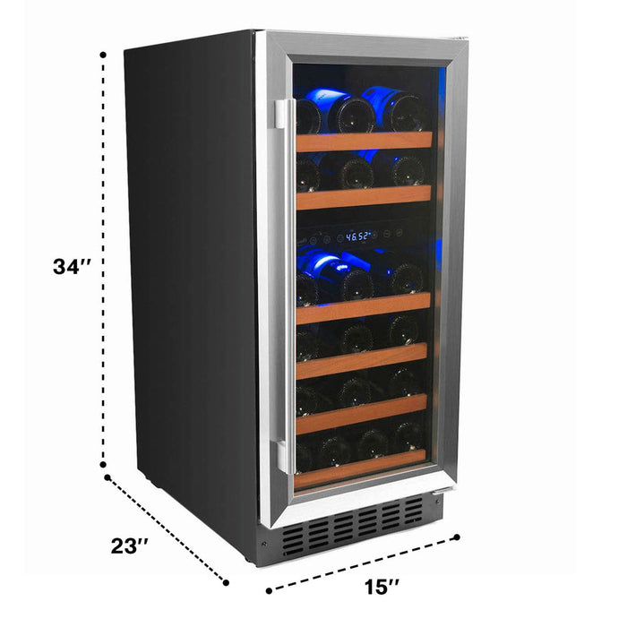 32 Bottle Dual Zone Wine Cooler, Stainless Steel Door Trim