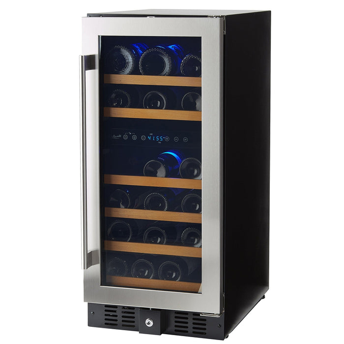 32 Bottle Stainless Steel Under Counter Wine Cooler, Dual Zone