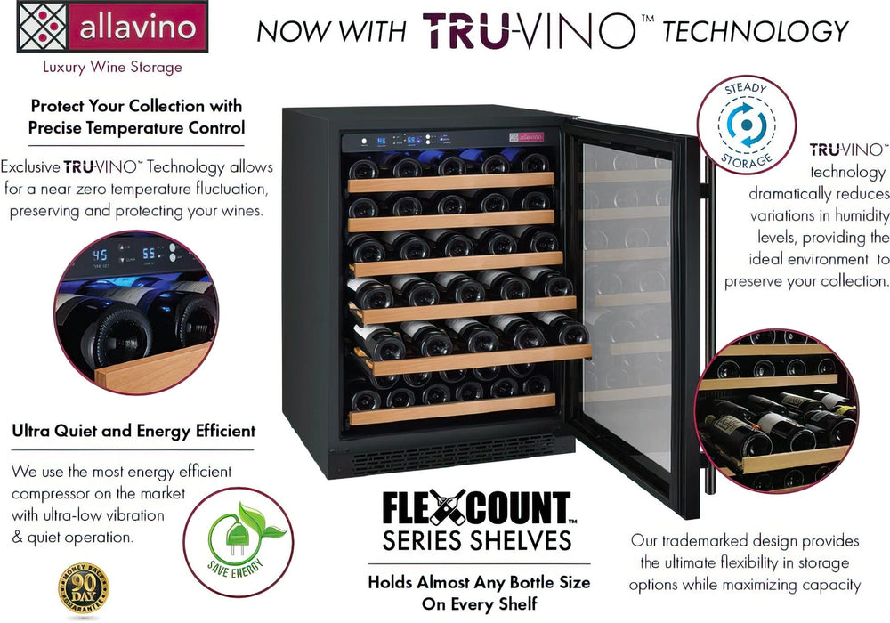 47" Wide FlexCount II Tru-Vino 112 Bottle Three Zone Black Side-by-Side Wine Refrigerator